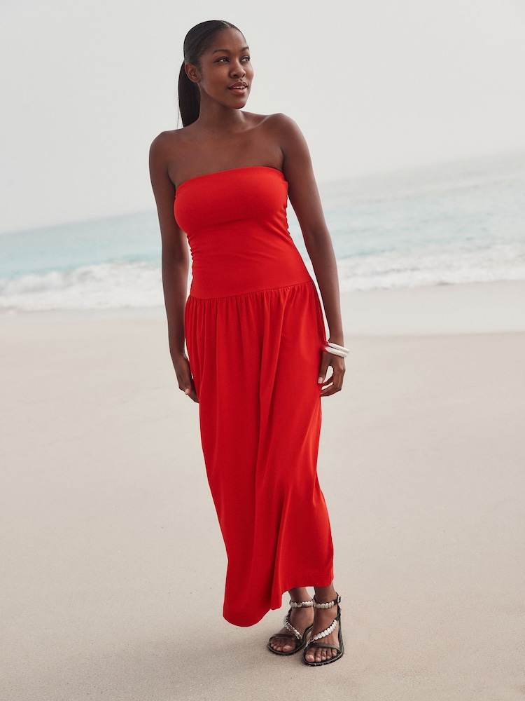 Red Drop Waist Bandeau Maxi Length Jersey Dress - Image 2 of 5