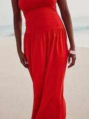 Red Drop Waist Bandeau Maxi Length Jersey Dress - Image 4 of 5