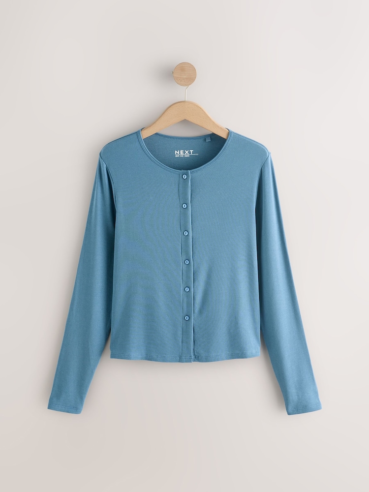 Blue Soft Touch Ribbed Long Sleeve Button Through Cardigan with Containing TENCEL™ Lyocell - Image 1 of 3
