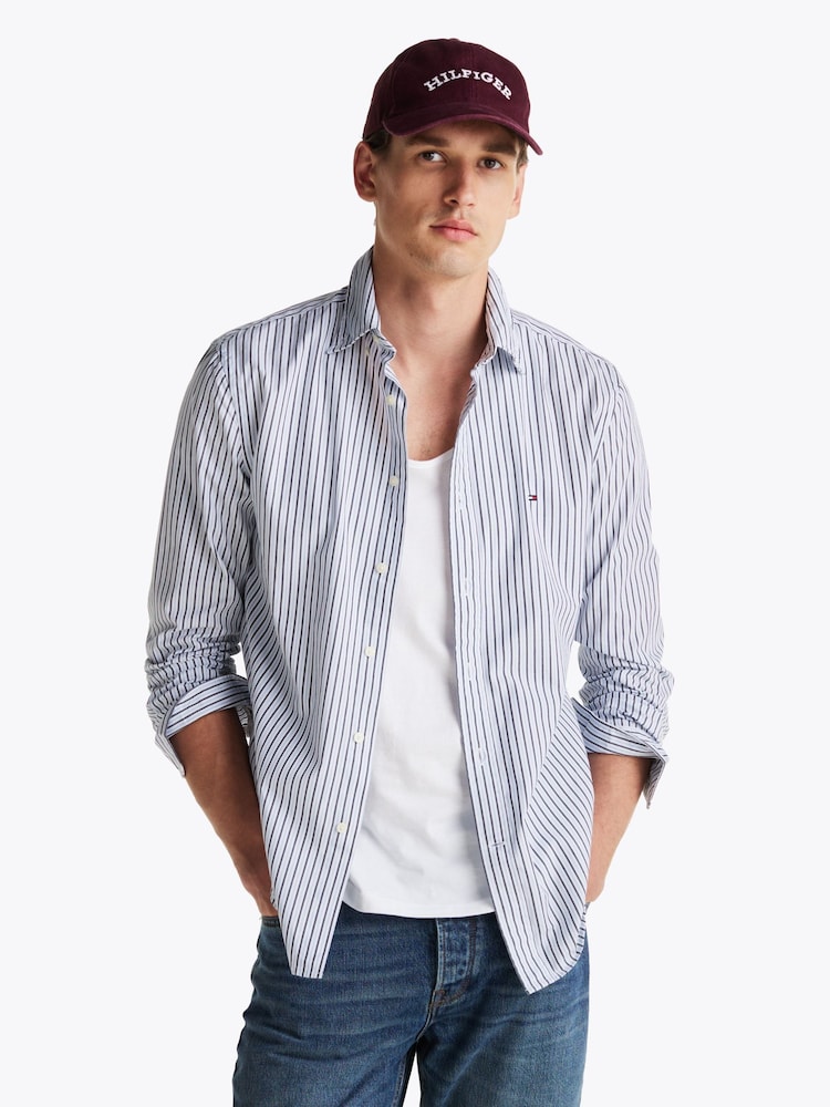 Tommy Hilfiger Blue Regular Fit Flex 100% Cotton Classic Poplin Stripe Shirt - Image 1 of 5 Tommy Hilfiger Blue Regular Fit Flex 100% Cotton Classic Poplin Stripe Shirt - Image 1 of 5