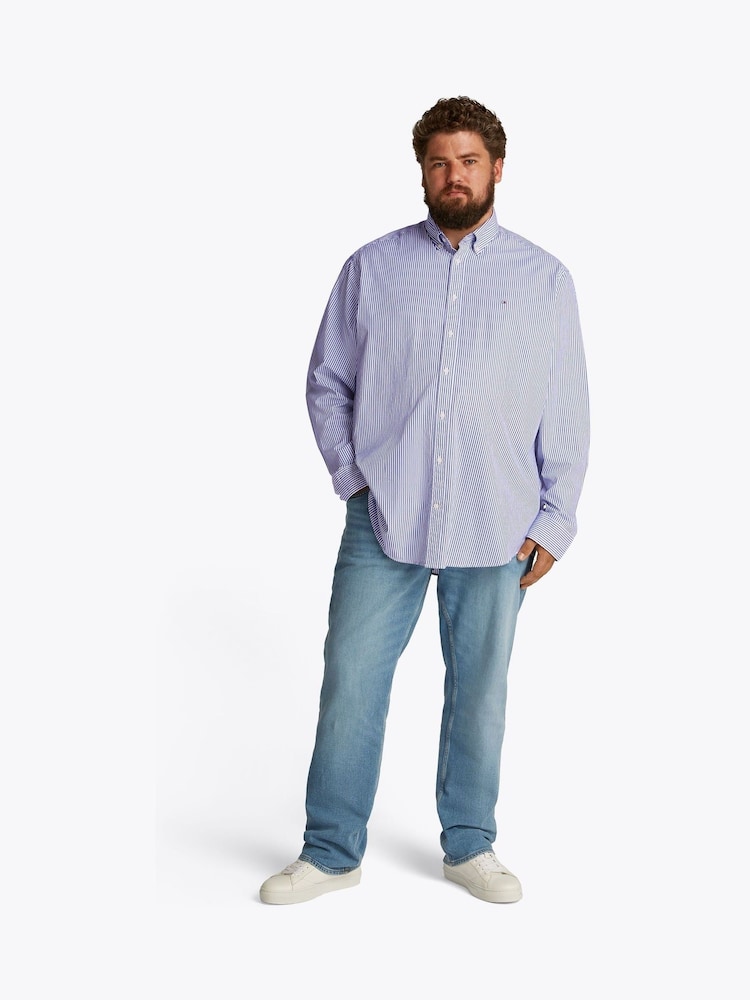 Tommy Hilfiger Blue Regular Fit Plus Flex Poplin Stripe 100% Cotton Shirt - Image 1 of 6
