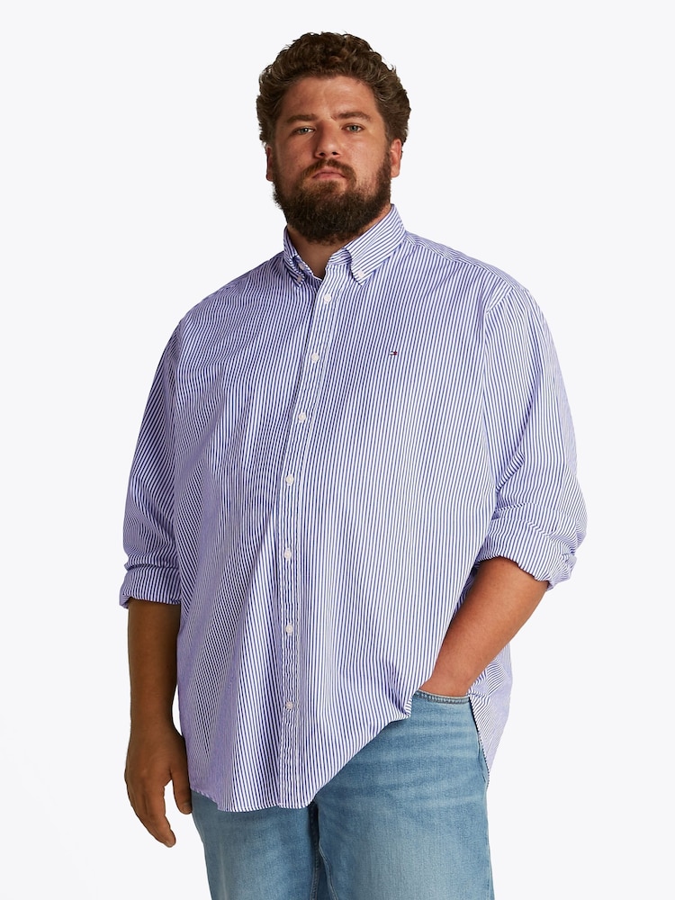 Tommy Hilfiger Blue Regular Fit Plus Flex Poplin Stripe 100% Cotton Shirt - Image 3 of 6