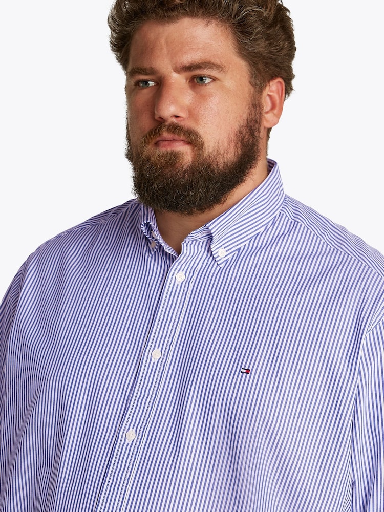 Tommy Hilfiger Blue Regular Fit Plus Flex Poplin Stripe 100% Cotton Shirt - Image 4 of 6