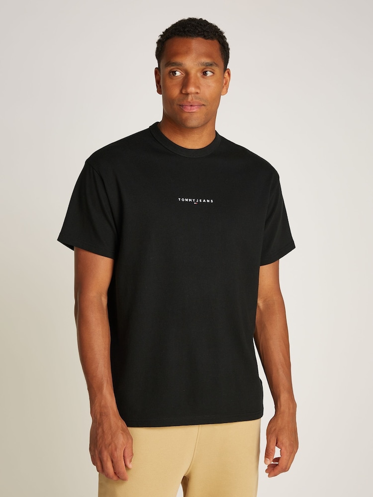 Tommy Jeans Black Relaxed Linear Logo 100% Cotton T-Shirt - Image 1 of 7