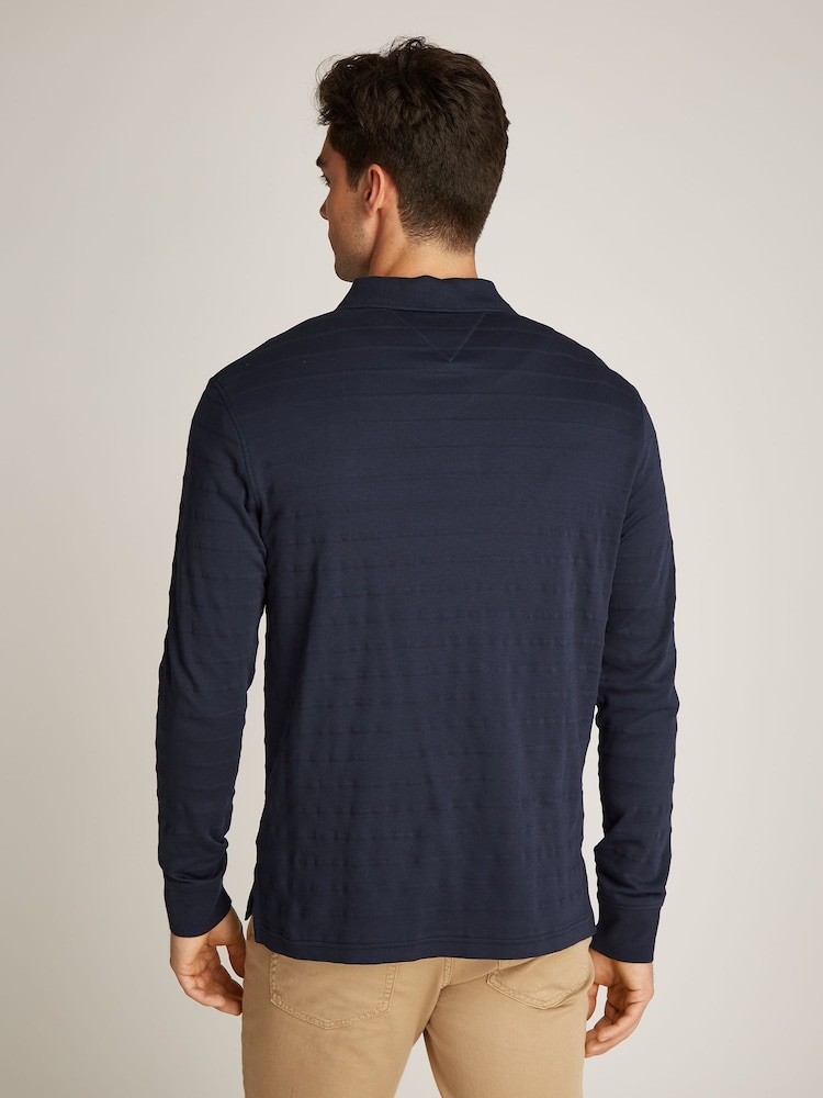 Tommy Hilfiger Blue Regular Fit Jacquard Stripe Long Sleeve 100% Cotton Polo Shirt - Image 2 of 6