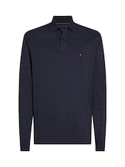 Tommy Hilfiger Blue Regular Fit Jacquard Stripe Long Sleeve 100% Cotton Polo Shirt - Image 5 of 6