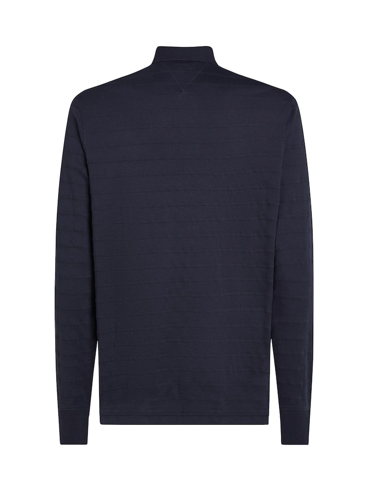 Tommy Hilfiger Blue Regular Fit Jacquard Stripe Long Sleeve 100% Cotton Polo Shirt - Image 6 of 6