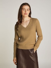 Tommy Hilfiger Natural Cotton Cable V-Neck Jumper - Image 1 of 6