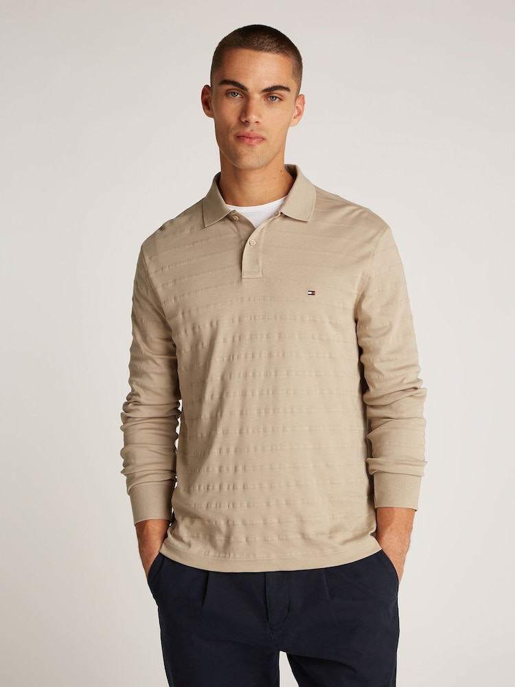 Tommy Hilfiger Natural Regular Fit Jacquard Stripe Long Sleeve 100% Cotton Polo Shirt - Image 1 of 6