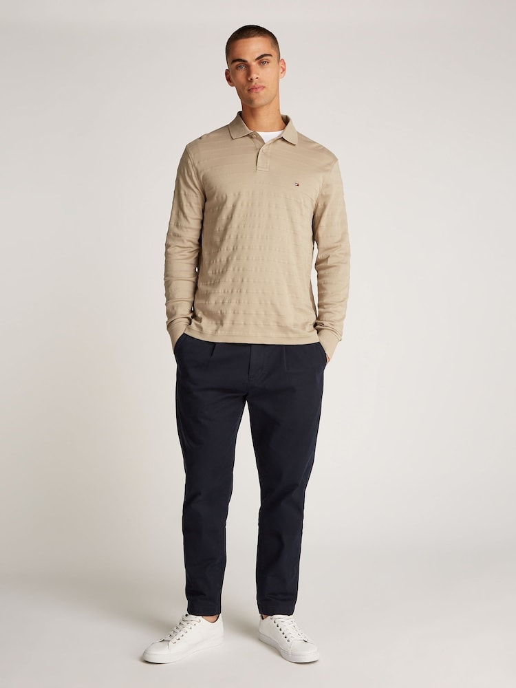 Tommy Hilfiger Natural Regular Fit Jacquard Stripe Long Sleeve 100% Cotton Polo Shirt - Image 2 of 6