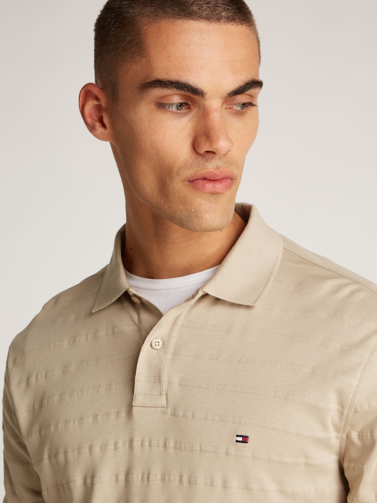 Tommy Hilfiger Natural Regular Fit Jacquard Stripe Long Sleeve 100% Cotton Polo Shirt - Image 3 of 6