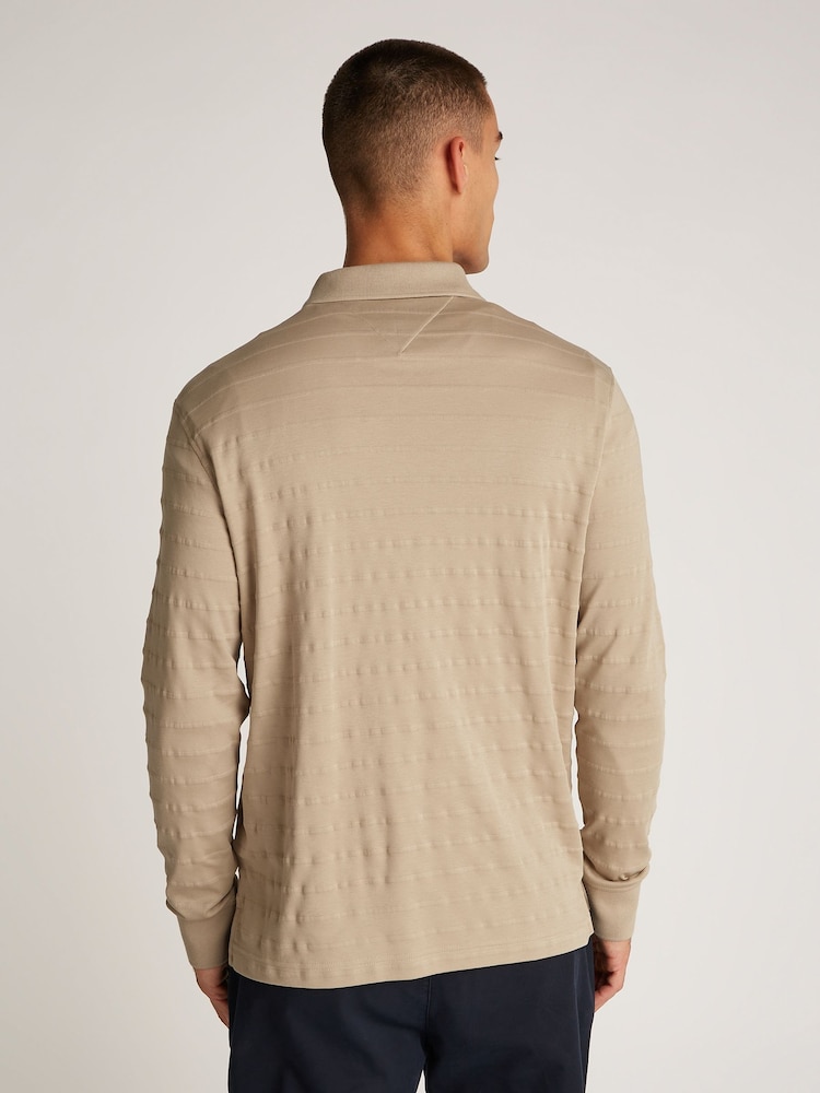 Tommy Hilfiger Natural Regular Fit Jacquard Stripe Long Sleeve 100% Cotton Polo Shirt - Image 4 of 6