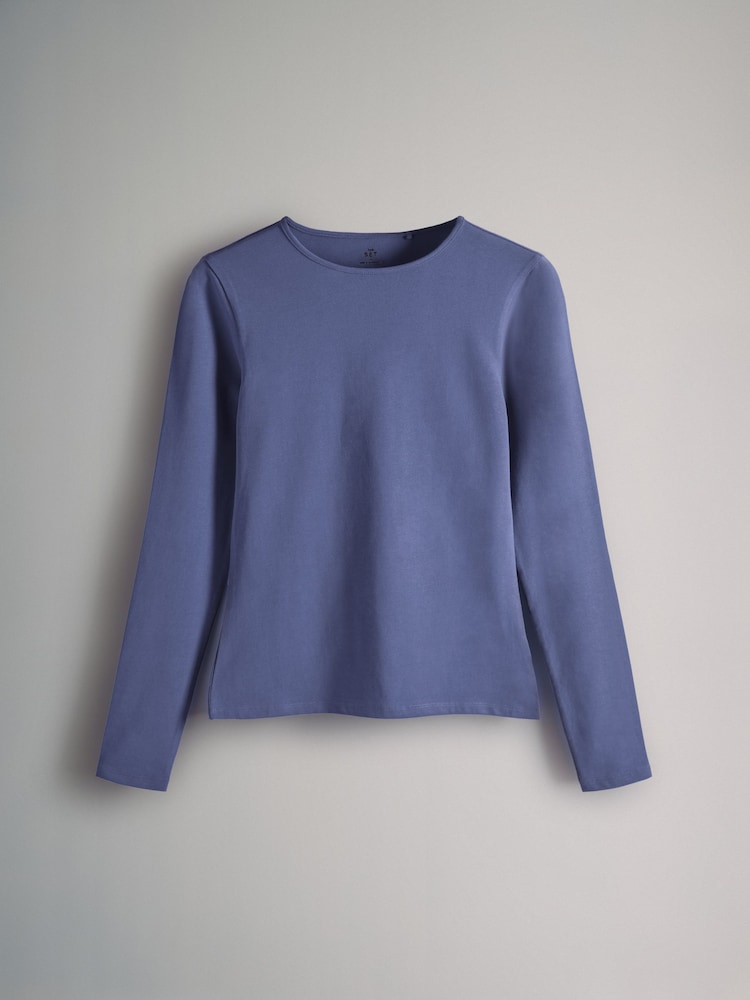 The Set Navy/Washed Blue/Red/White/Stripes 5 Pack Fitted Long Sleeve Crew Neck T-Shirts - Image 6 of 8