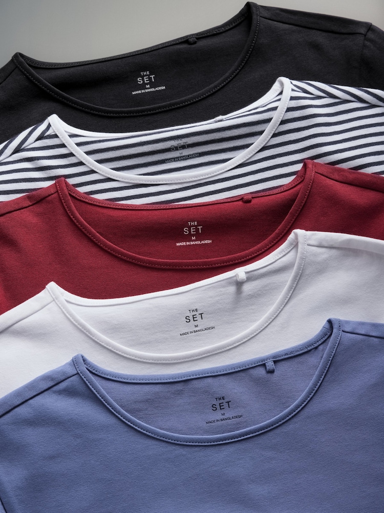 The Set Navy/Washed Blue/Red/White/Stripes 5 Pack Fitted Long Sleeve Crew Neck T-Shirts - Image 7 of 8
