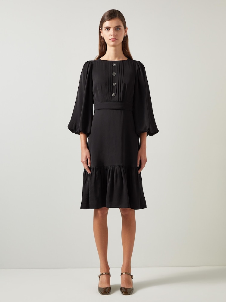 LK Bennett Black Jade Satin Crepe Full Sleeve Short Dress - Image 1 of 5