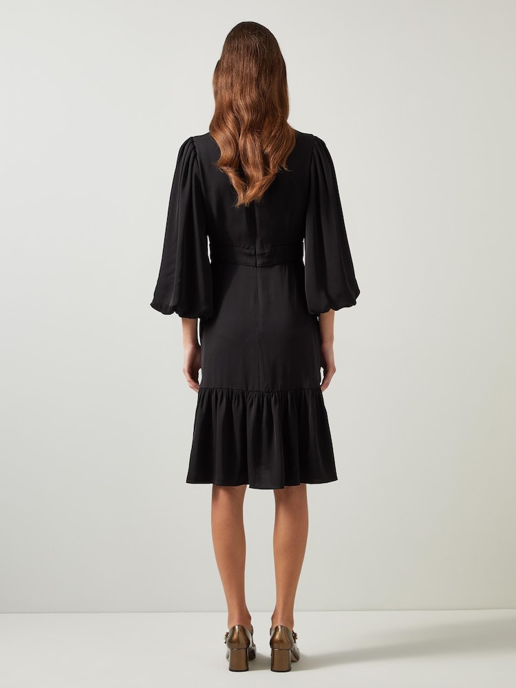 LK Bennett Black Jade Satin Crepe Full Sleeve Short Dress - Image 2 of 5 LK Bennett Black Jade Satin Crepe Full Sleeve Short Dress - Image 2 of 5
