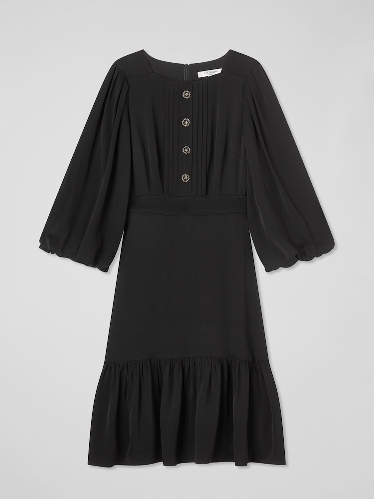 LK Bennett Black Jade Satin Crepe Full Sleeve Short Dress - Image 5 of 5 LK Bennett Black Jade Satin Crepe Full Sleeve Short Dress - Image 5 of 5