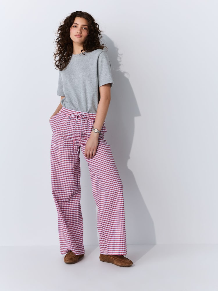 Pink/Blue Textured Gingham Wide Leg Trousers - Image 1 of 5