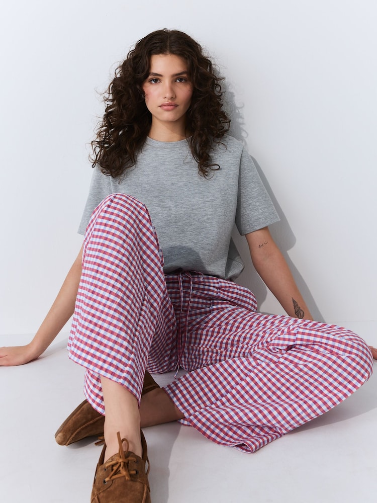 Pink/Blue Textured Gingham Wide Leg Trousers - Image 2 of 5