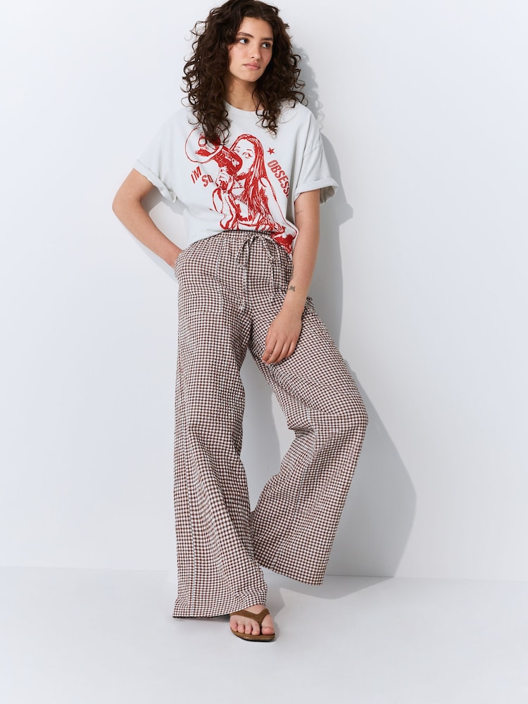 Chocolate/Ecru Textured Gingham Wide Leg Trousers - Image 1 of 5