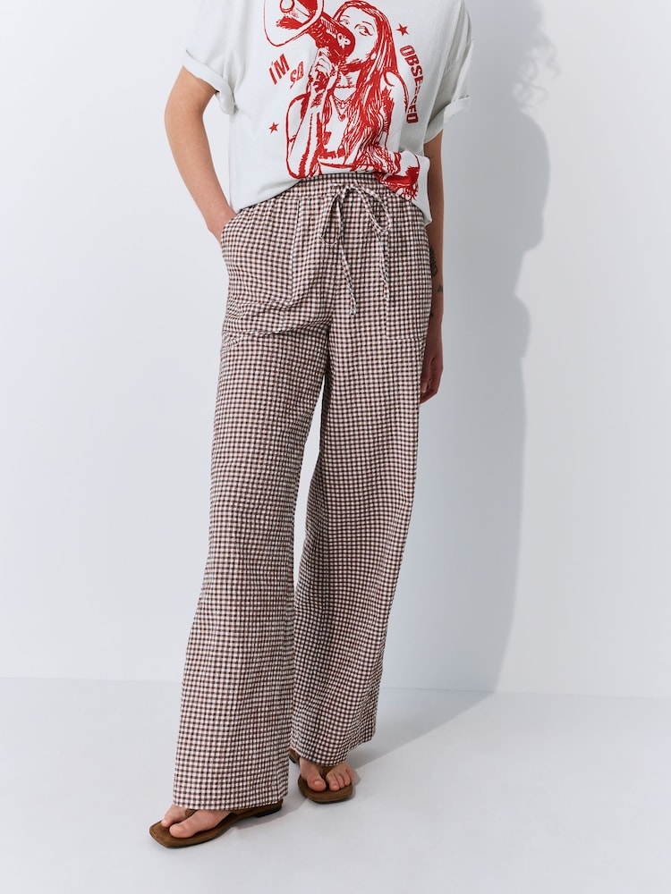 Chocolate/Ecru Textured Gingham Wide Leg Trousers - Image 2 of 5