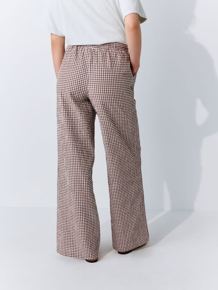 Buy Chocolate/Ecru Textured Gingham Wide Leg Trousers from the