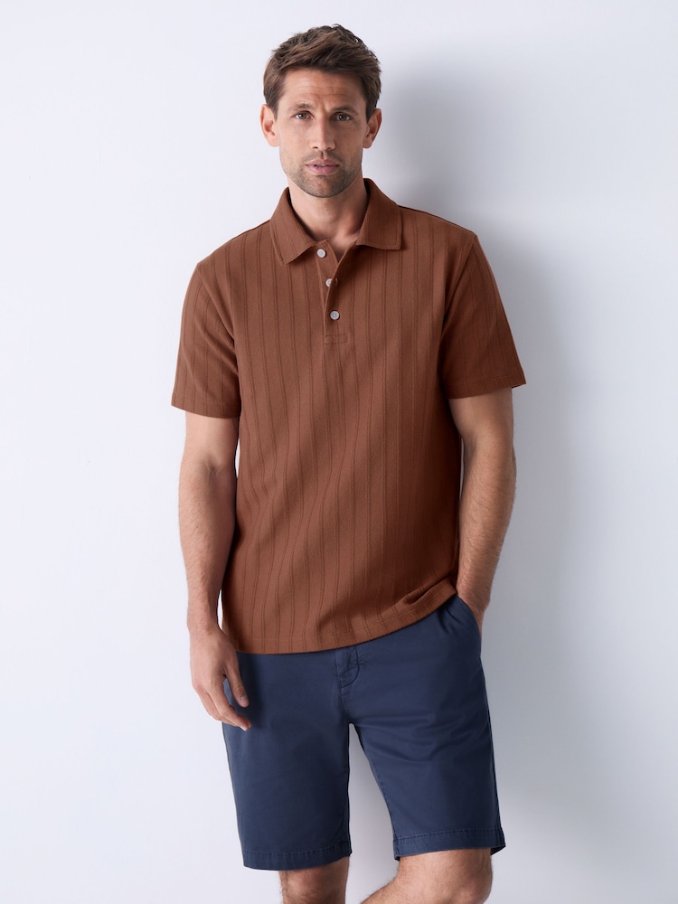 Rust Red Regular Fit Textured Button Neck 100% Cotton Polo Shirt - Image 1 of 8 Rust Red Regular Fit Textured Button Neck 100% Cotton Polo Shirt - Image 1 of 8