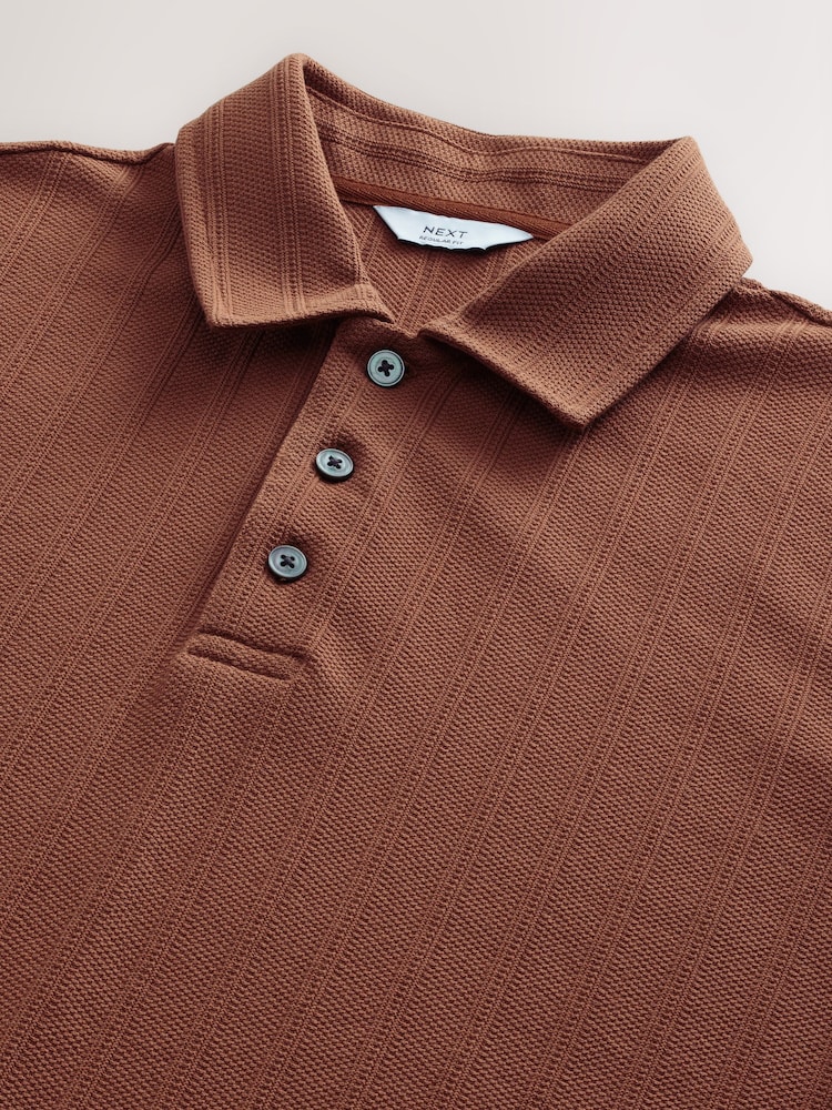 Rust Red Regular Fit Textured Button Neck 100% Cotton Polo Shirt - Image 8 of 8 Rust Red Regular Fit Textured Button Neck 100% Cotton Polo Shirt - Image 8 of 8