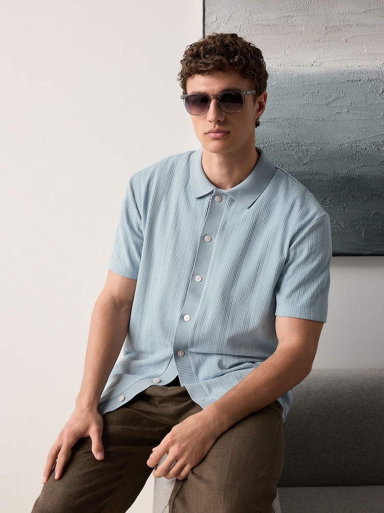 Light Blue Cuban Collar Textured Jersey Short Sleeve Shirt - Image 1 of 8