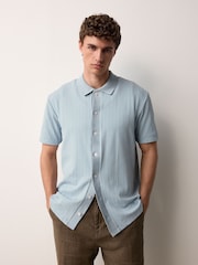 Light Blue Cuban Collar Textured Jersey Short Sleeve Shirt - Image 3 of 8