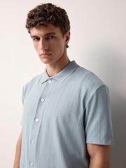 Light Blue Cuban Collar Textured Jersey Short Sleeve Shirt - Image 5 of 8