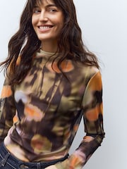 Orange Floral High Neck Long Sleeve Mesh Top - Image 1 of 7