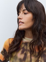 Orange Floral High Neck Long Sleeve Mesh Top - Image 2 of 7