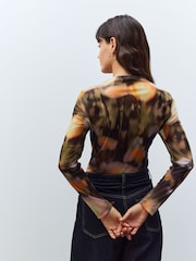 Orange Floral High Neck Long Sleeve Mesh Top - Image 3 of 7