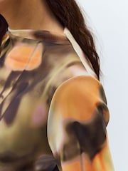 Orange Floral High Neck Long Sleeve Mesh Top - Image 4 of 7