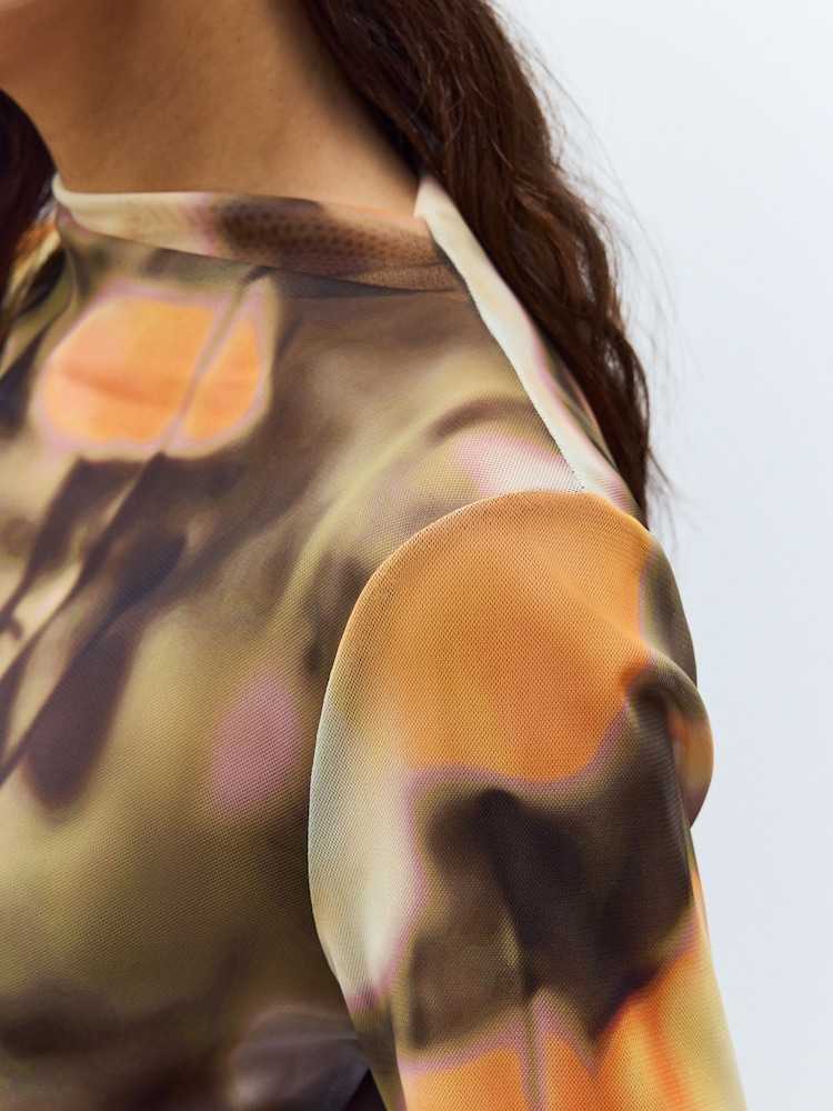 Orange Floral High Neck Long Sleeve Mesh Top - Image 4 of 7