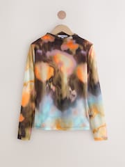 Orange Floral High Neck Long Sleeve Mesh Top - Image 5 of 7