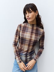 Brown Check High Neck Long Sleeve Mesh Top - Image 1 of 6