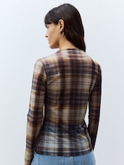Brown Check High Neck Long Sleeve Mesh Top - Image 2 of 6