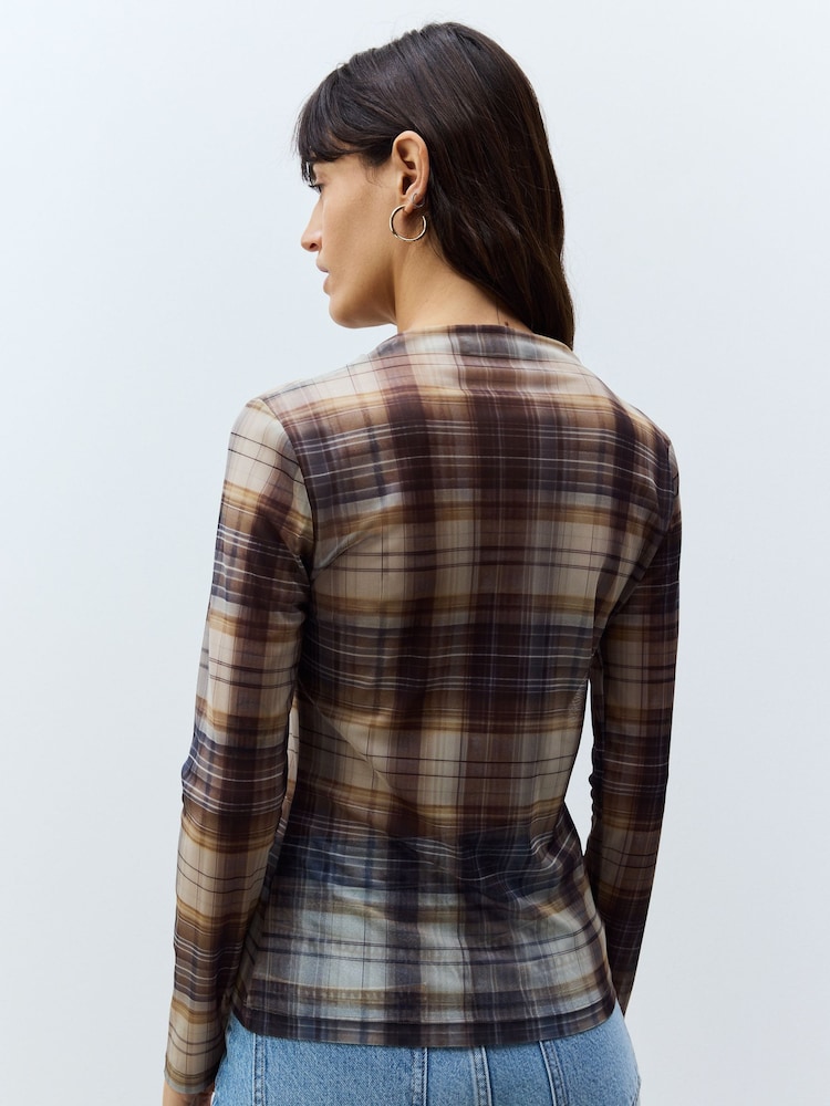 Brown Check High Neck Long Sleeve Mesh Top - Image 2 of 6