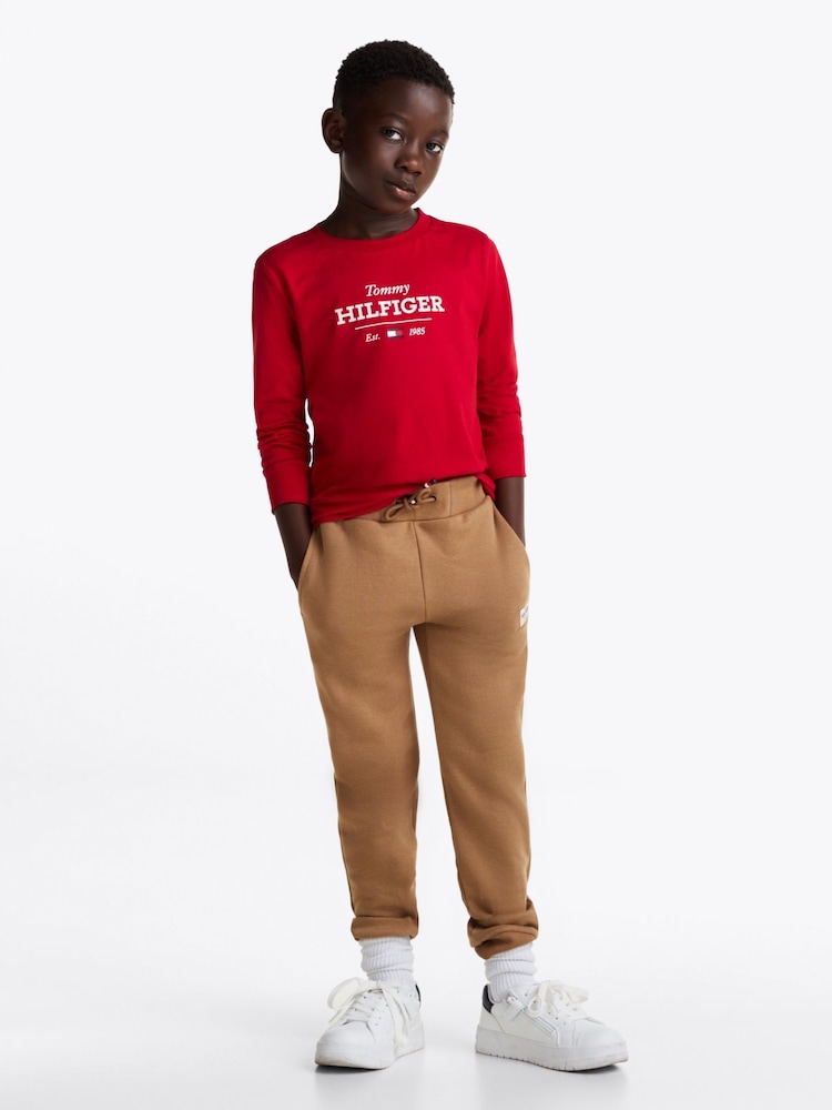 Tommy Hilfiger Red 1985 Regular Fit Monotype Long Sleeves 100% Cotton T-Shirt - Image 1 of 6