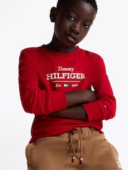 Tommy Hilfiger Red 1985 Regular Fit Monotype Long Sleeves 100% Cotton T-Shirt - Image 3 of 6