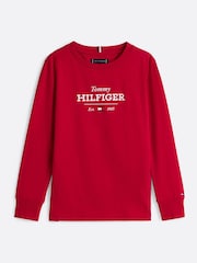 Tommy Hilfiger Red 1985 Regular Fit Monotype Long Sleeves 100% Cotton T-Shirt - Image 5 of 6