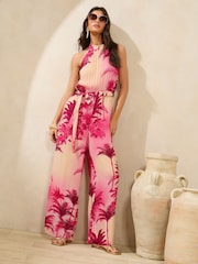 Lipsy Pink Palm Printed Halter Neck Sleeveless Jumpsuit - Image 1 of 4