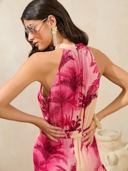Lipsy Pink Palm Printed Halter Neck Sleeveless Jumpsuit - Image 4 of 4