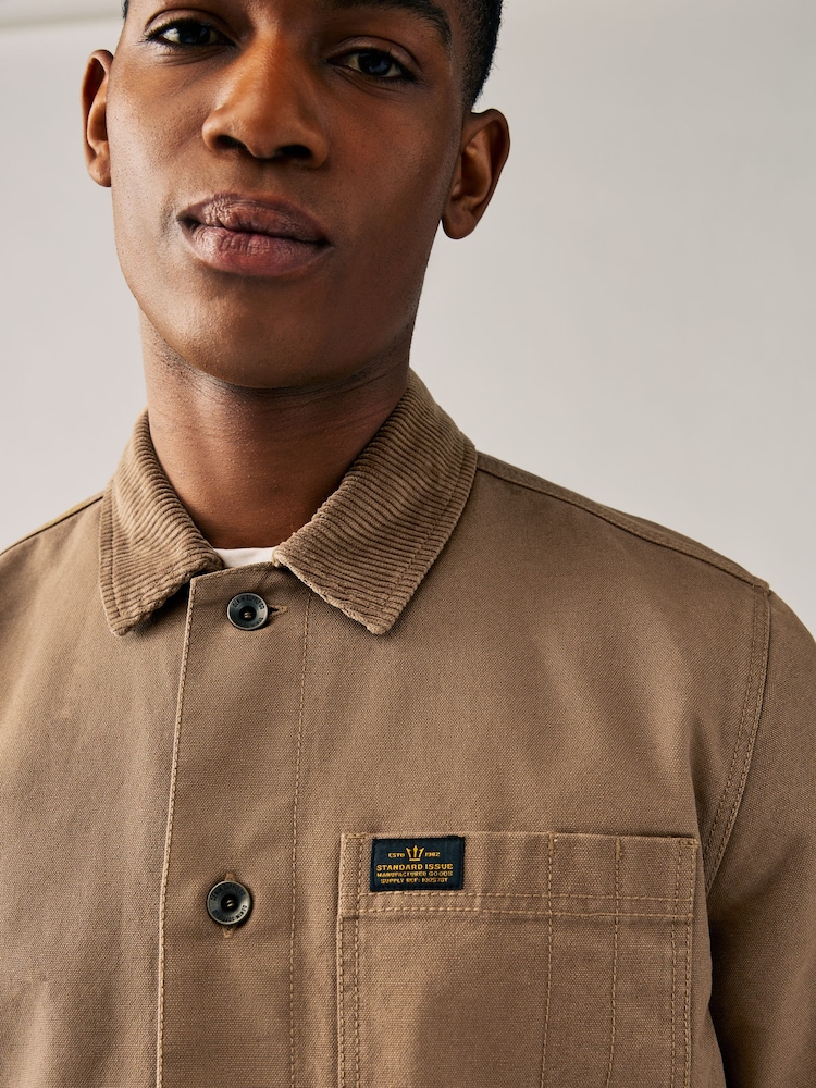 Tan Brown Canvas Chore 100% Cotton Jacket With Corduroy Collar - Image 4 of 10