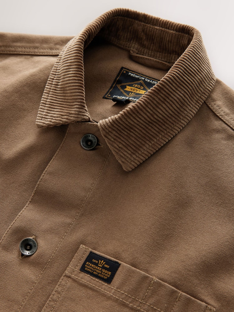 Tan Brown Canvas Chore 100% Cotton Jacket With Corduroy Collar - Image 9 of 10