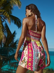 Lipsy Pink Postcard Printed Halterneck Tassel Detail Playsuit - Image 2 of 4