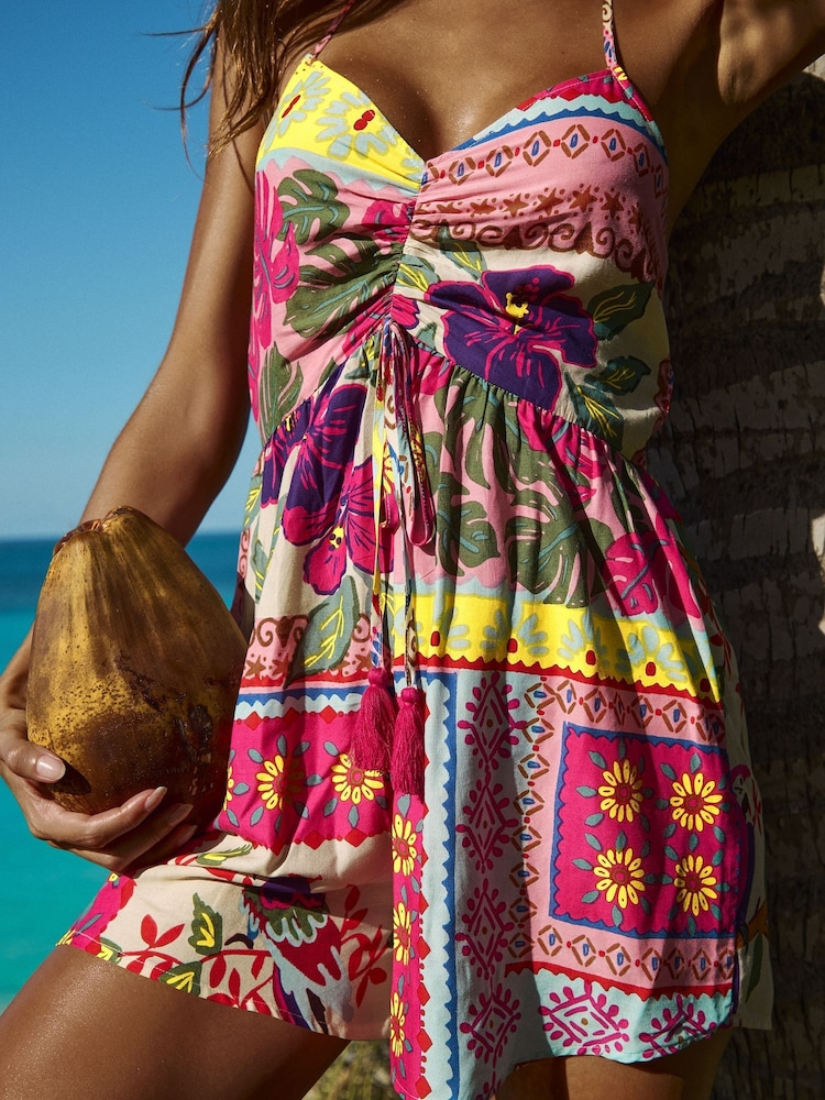 Lipsy Pink Postcard Printed Halterneck Tassel Detail Playsuit - Image 4 of 4