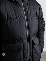 Religion Black Mid-Length Hooded Padded Puffer Coat - Image 6 of 6